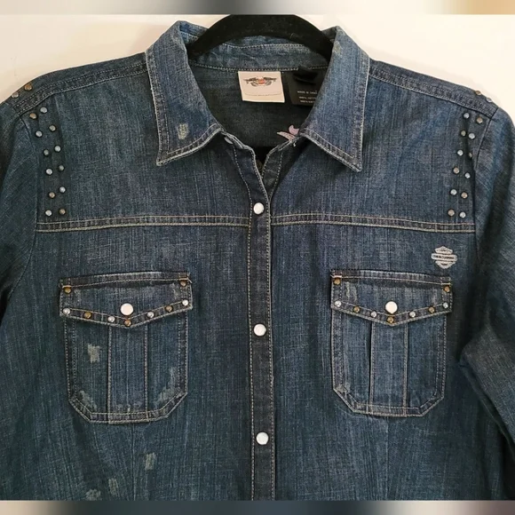 Harley Davidson Logo Embroidered Studded Denim Shirt Pearl Snap Roll Tab Sleeve - Picture 3 of 12